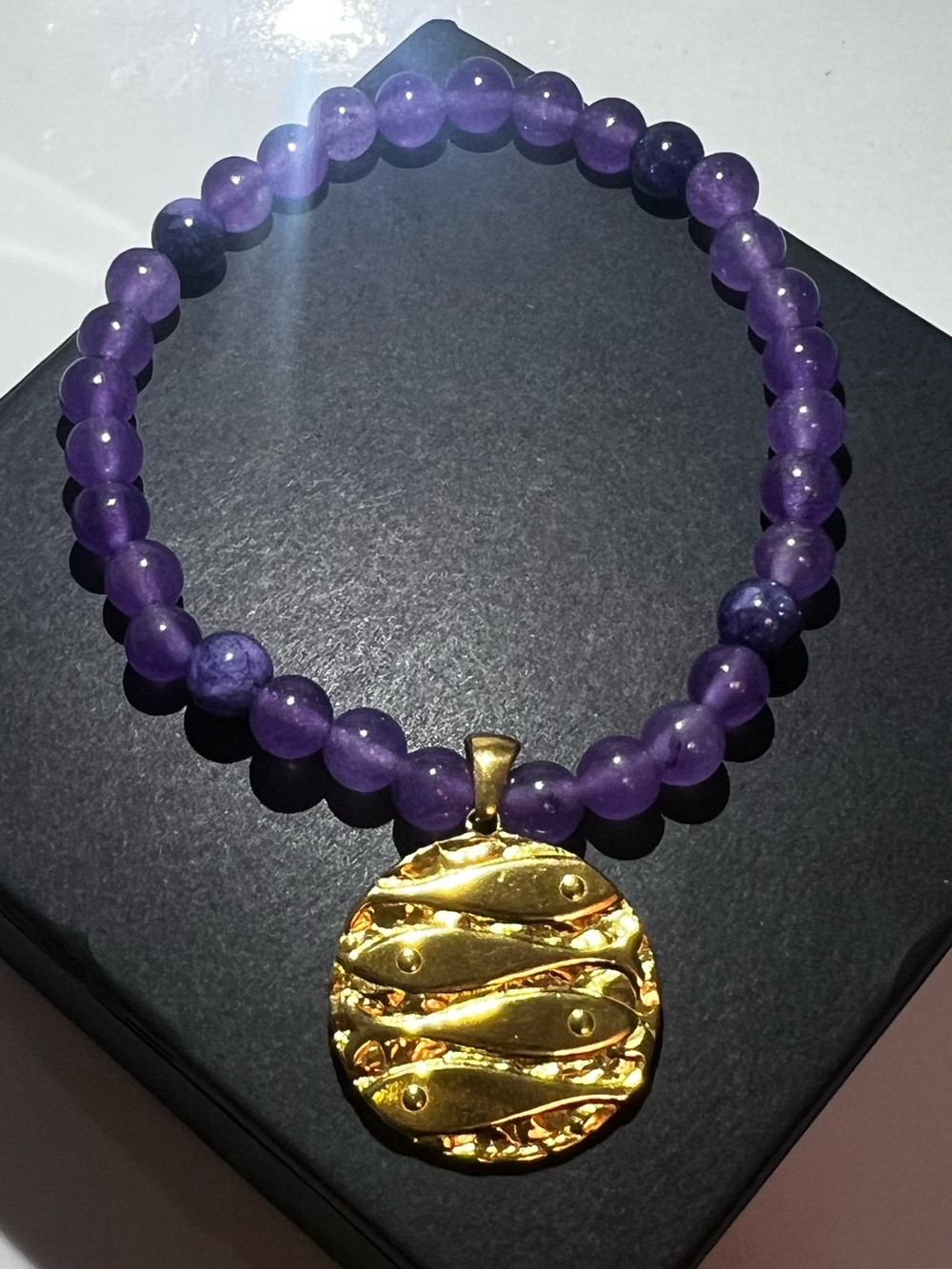 Natural Stone Amethyst Bracelet w Gold Fish Medallion Pendant
